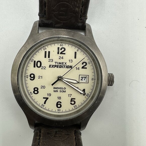 Timex Other - Timex Expedition Watch Men Silver Tone Indiglo Dial Leather Band T49870 Working